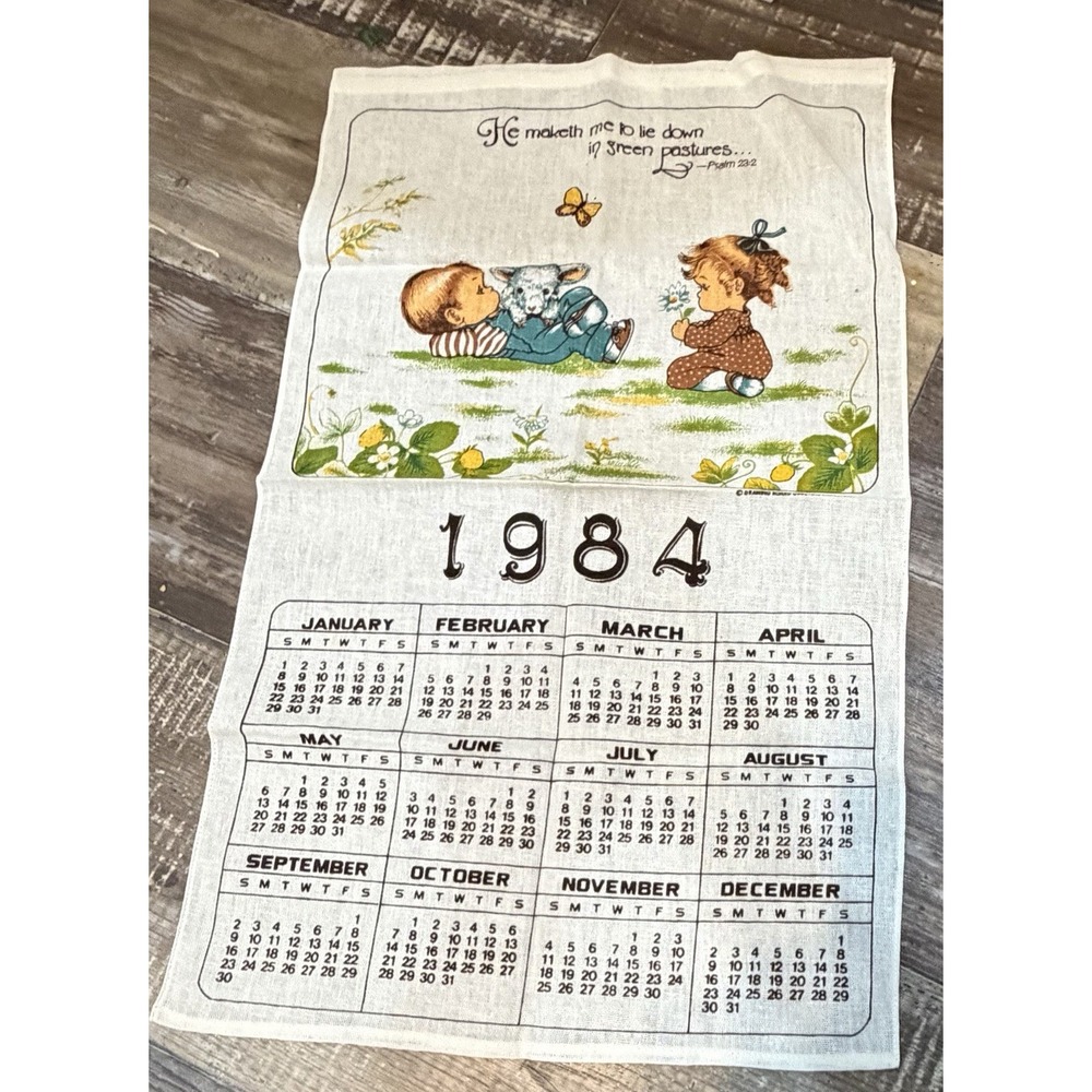 Vintage 1984 Gindl Linen Calendar Tea Towel Psalm 23:2 Children Lamb